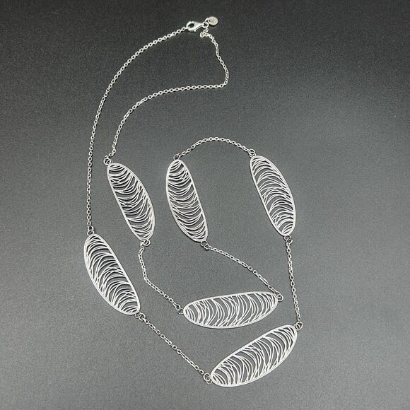 Sterling Leaf Wispy Oval Station Modernist Necklace Marked RCI 925 Italy 35in - Picture 7 of 15